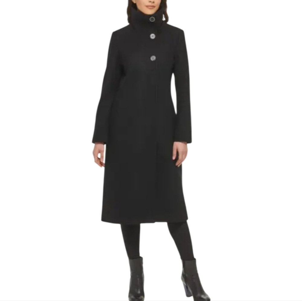 Kenneth Cole Black Wool Blend High Neck Button Front Long Winter Coat Womens 3X
